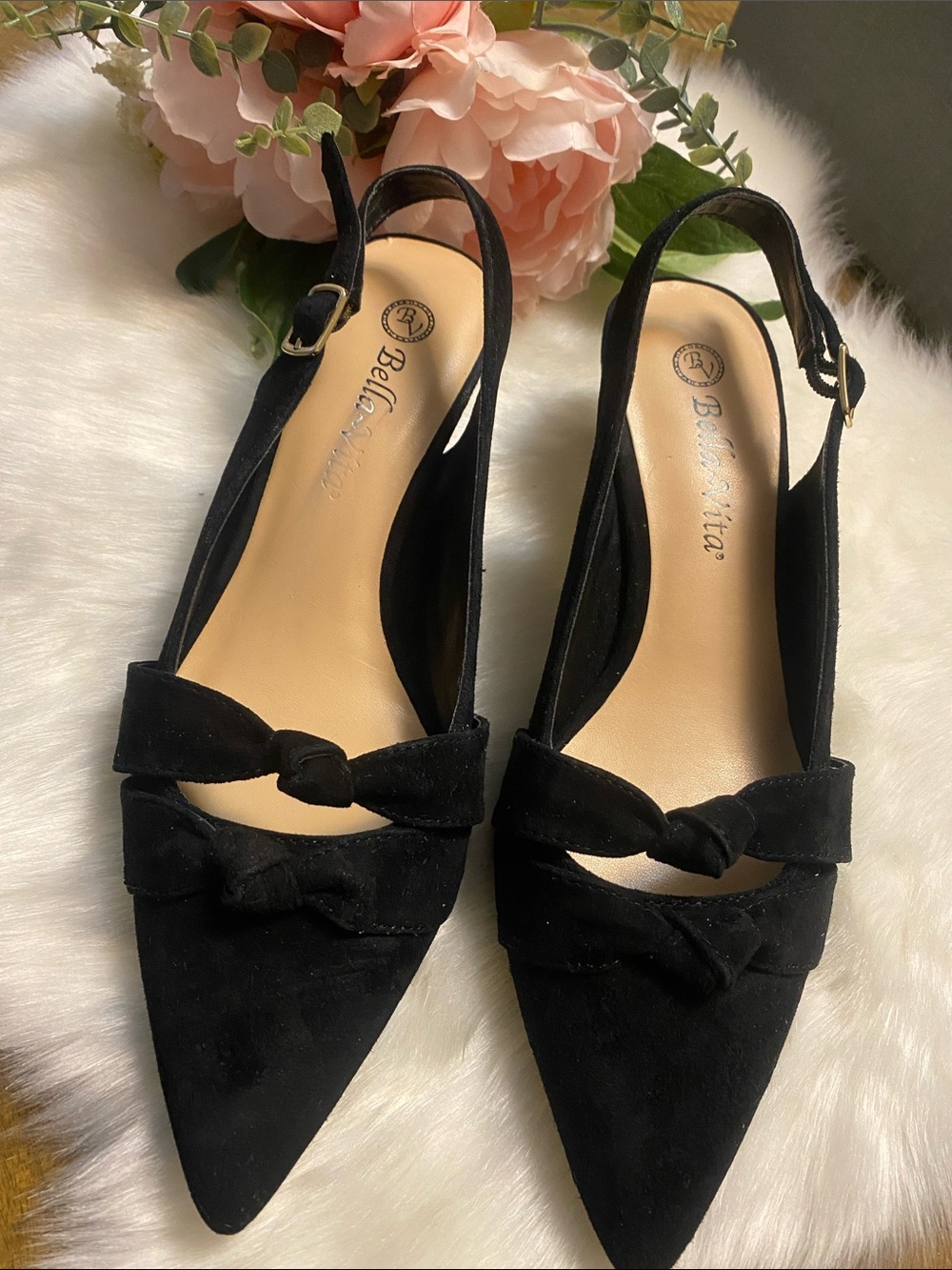 Bella Vita Black Suede Pointed Toe Slingback Mules with Knotted Bow